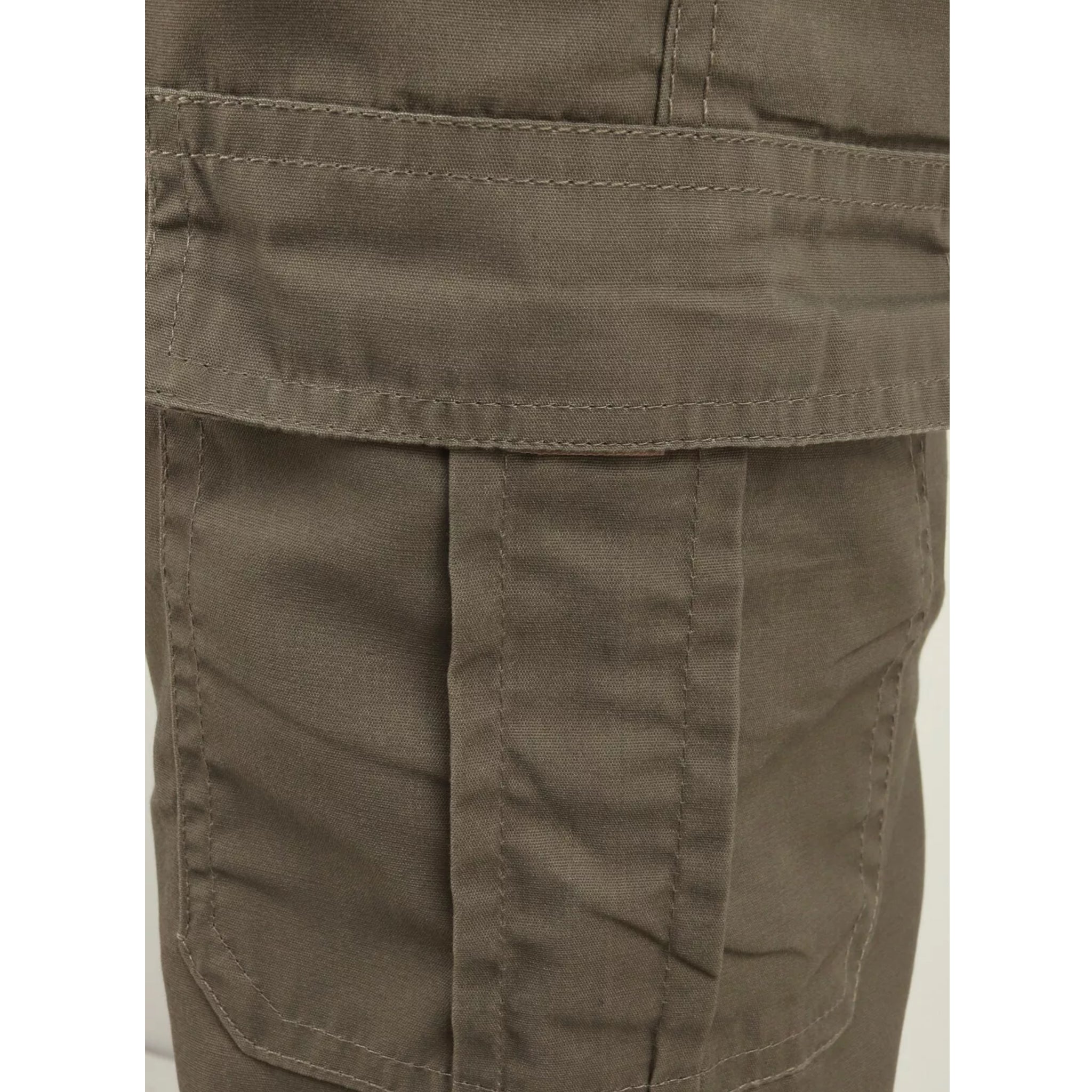 Men's light khaki green cargo utility trousers with side flap pockets, elasticated waistband, and belt loops – durable workwear or outdoor pants